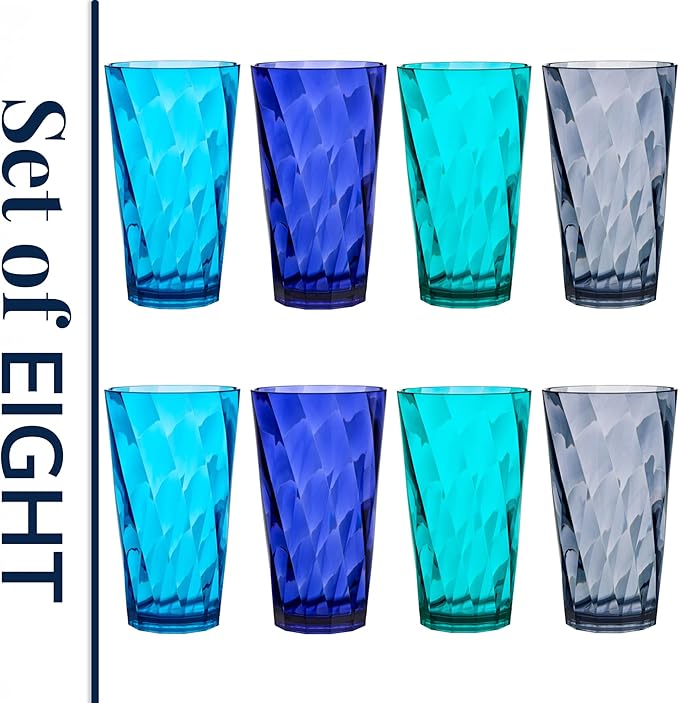 US Acrylic Optix Plastic Reusable Drinking Glasses (Set of 8) 20oz Water Cups in Coastal Colors | BPA-Free Tumblers, Made in USA | Top-Rack Dishwasher Safe