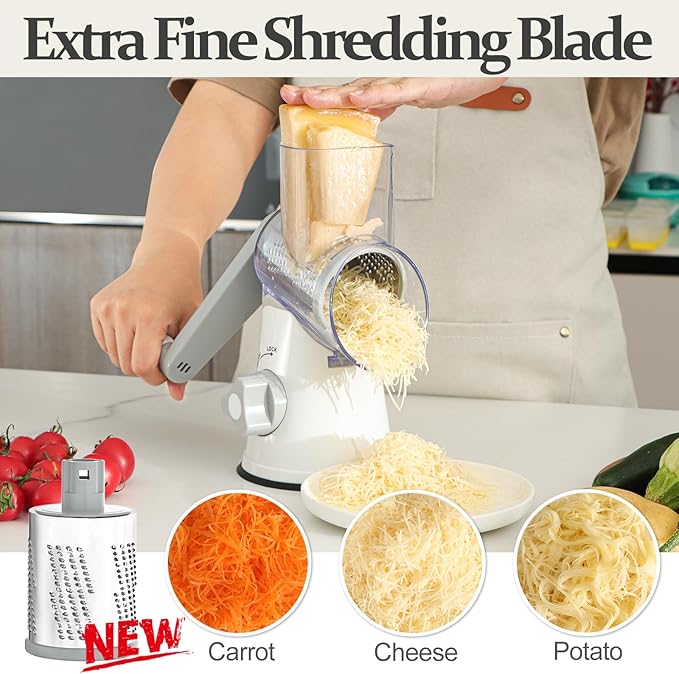 Cambom 5 in 1 Rotary Cheese Grater Hand Crank Cheese Shredder for Fresh Cheese, Vegetable, Nuts,Non-slip Suction Base, Five Blades, White