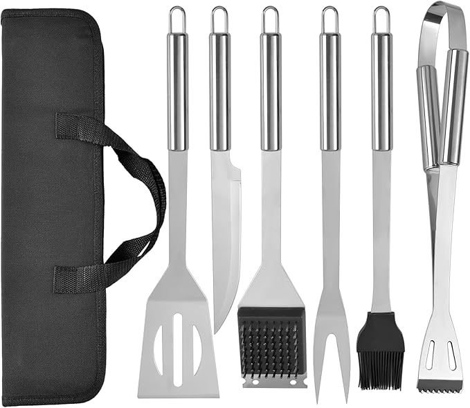 Grill Tools for Outdoor Grill - 7PCS BBQ Tools Grill Utensils with Grill Tong, Fork, Spatula, Basting Brush, Grill Cleaning Brush, Sharp Steak Knife, BBQ Tool Set Grilling Tool Kit