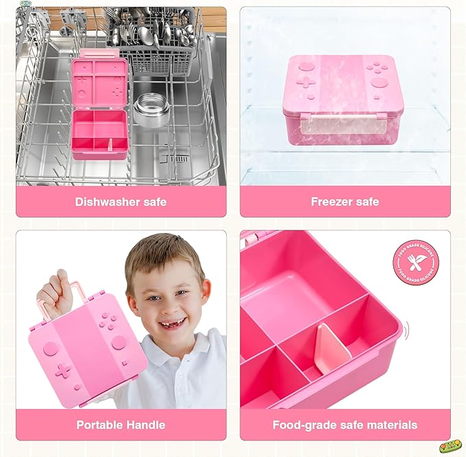 Game Bento Box for Kids, Lunch Box with Thermo(9oz Food Jar), Folding Spoon, Removable Divider & Sauce Cup, Lunch Box Kids for School,Travel, BPA-Free & Realistic Shape (Pink)