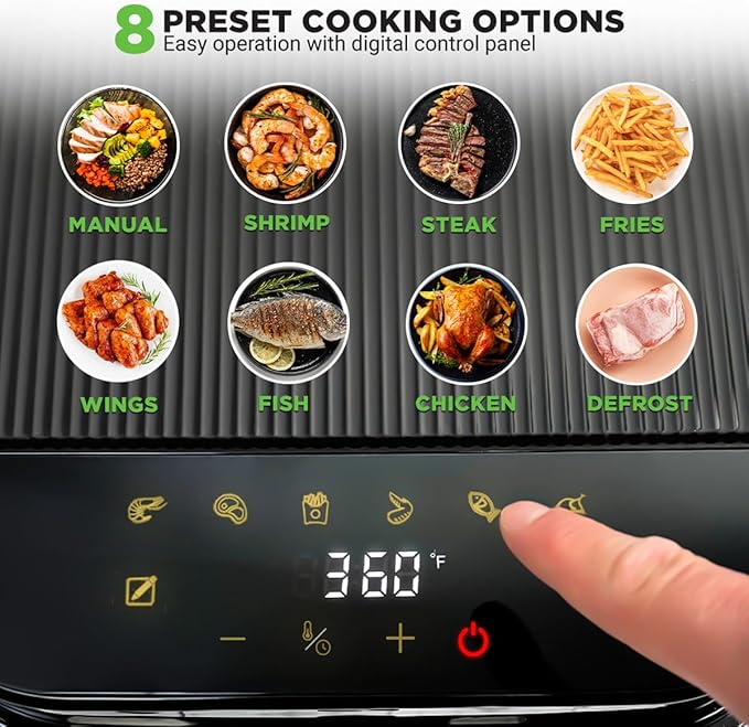 Nutrichef 5.8 Quart Air Fryer | 8-1 Preset Cook Modes | Transparent Fry Bowl for Best Cooking Results | Cook Shrimp, Steak, Fries, Wings, Chicken & More | Precise Temperature Control & Time | White
