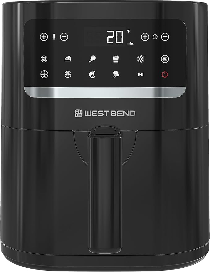 West Bend Compact Air Fryer 5-Quart Capacity with Digital Controls LCD Display and 10 Cooking Presets with Shake Reminder, Nonstick Frying Basket, 1500-Watts, Black