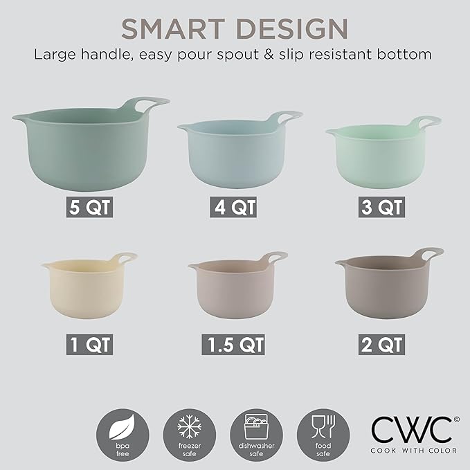 COOK WITH COLOR Nesting Plastic Mixing Bowl Set with Pour Spouts and Handles, Mint, 6 Piece Non-Slip
