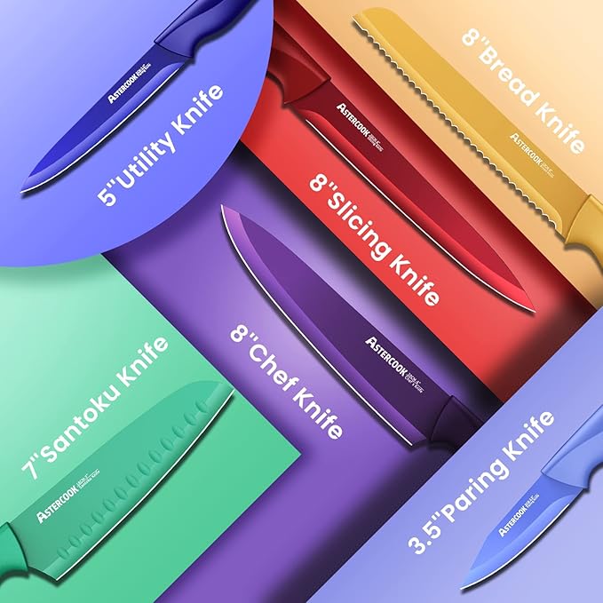 Astercook Knife Set, 12 Pcs Color-Coded Kitchen Knives Set, 6 Color Anti-Rust Coating Stainless Steel Chef Knife Sets with 6 Blade Guards Dishwasher Safe