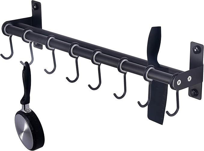 Dseap Pot Rack - Pots and Pans Hanging Rack Rail with 8 Hooks, Double Bars, Pot Hangers for Kitchen, Wall Mounted,Black