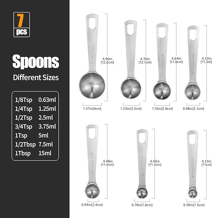 Doosu Measuring Spoons Set of 7-18/8 Stainless Steel Heavy Duty Teaspoons Tablespoons with Engraved Metric & US Measurements, Metal Measure Spoon for Dry and Liquid Ingredients, Dishwasher Safe