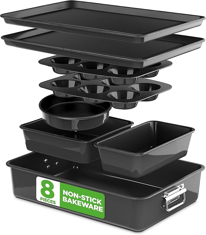 NutriChef 8-Piece Stackable Nonstick Bakeware Set - Premium Steel Baking Pans Set - Includes Round Cake Pan, 6-Cup Muffin Pans, Wide/Square Brownie & Loaf Pans, Cookie Sheet, & Roaster Pan (Black)