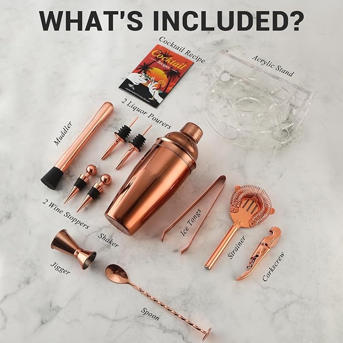 Bartender Kit Cocktail Shaker Set, Stainless Steel Cocktail Kit with 12 Piece Bar Accessories, 25oz Shaker Bar Set Drink Mixer Set with Stand Jigger Strainer Spoon Muddler for Cocktails (Rose Gold)