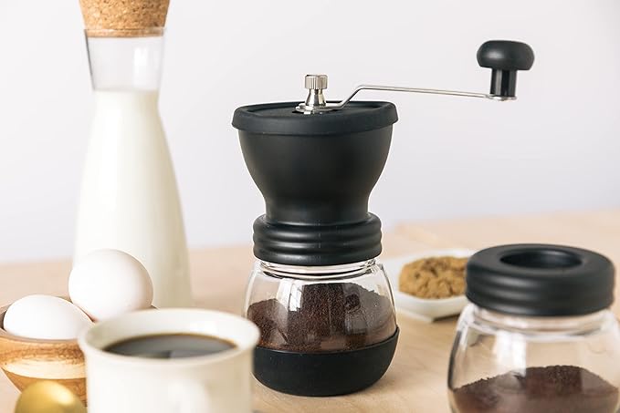 Mixpresso Manual Coffee Grinder, Spice Grinder Manual, Glass Jars, Ceramic Burr, Adjustable Grind, Easy to Clean, Portable Compact Design, 3 Piece Set, Stainless Steel