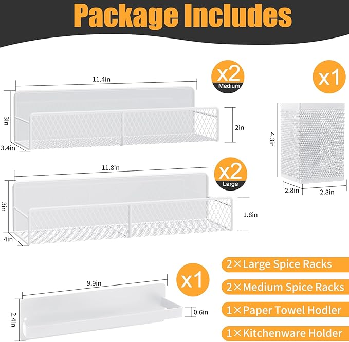 Magnetic Spice Rack for Refrigerator, 6 Pack Metal Magnetic Shelf White, Moveable Spice Organizer, Strong Magnetic Storage Fridge Organizer with Paper Towel Holder, Utensils Holder