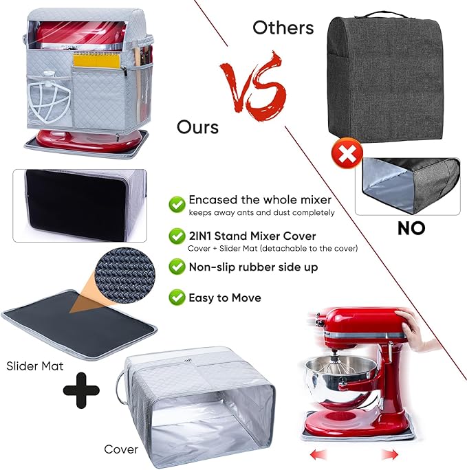 BAGSPRITE Stand Mixer Cover with Detachable Appliance Sliders Base Compatible with KitchenAid Mixer-Storage Bag for 4.5/5 Quart with Pockets for Kitchen Aid Accessories and Attachments