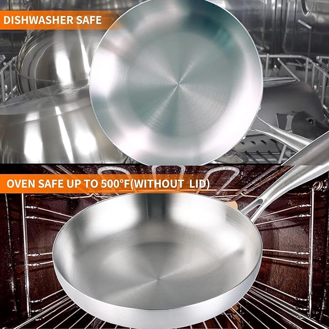 DELARLO Whole body Tri-Ply Stainless Steel 8inch Small Frying Pan, Chef's Pans Oven safe induction kitchen skillet,Suitable for All Stove (Detachable Handle)