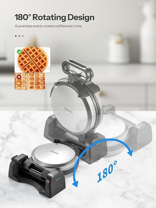 Waffle Maker, Round Classic Belgian Waffle Iron with 180°Rotating Design, Nonstick Plates & Cool Touch Handle, 1080W Fast Heating Waffle Machine, Brushed Stainless, Silver (4 Slices)