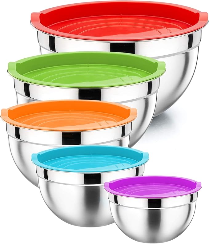 P&P CHEF Mixing Bowls with Airtight Lids Set of 5, 10-Piece Stainless Steel Mixing Nesting Bowl, Metal Bowl with Lid for Kitchen Prepping & Storing, Size 4.6, 3, 1.5, 1, 0.7 QT, Multicolor