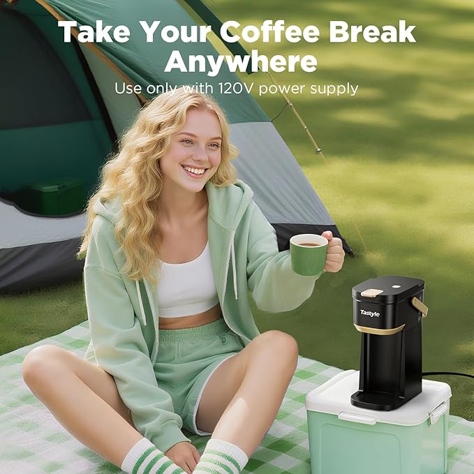 Tastyle Single Serve One Cup Coffee Maker, for K Cups and Grounds, Mini Coffee Maker with Portable Handle, 6 to 12 Oz Brew Size, for Travel, Camping, Office, RV and Dorm, 120V, Black and Gold