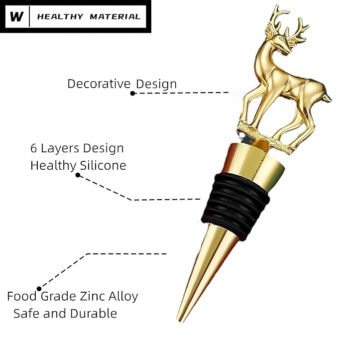 Decorative Deer Wine Stopper,Cool Wine Bottle Stoppers for Glass Bottles,Crystal Bottle Stopper Fits Standard Bottles,Fancy Decors Wine Tools (Golden Deer)