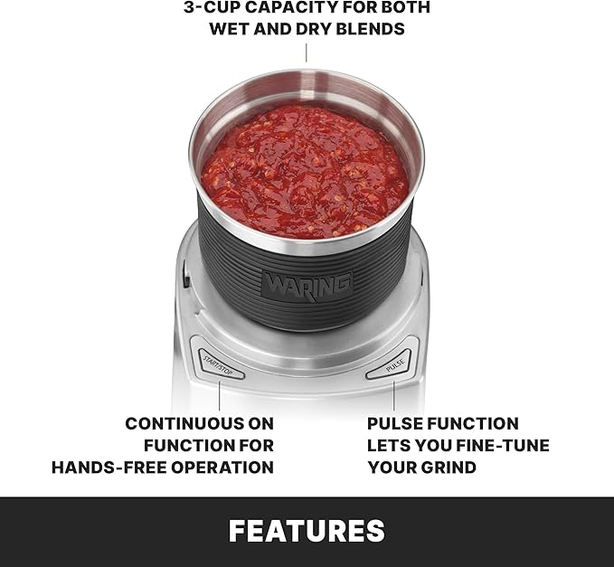 Waring Commercial WSG60 3 Cup Spice Grinder, 1 HP Motor, 20,000 RPM's, Pulse Actuation, Includes 2 stainless steel grinding-bowls-120V, 175W, 5-15 Phase Plug, 0.9 cu. ft.