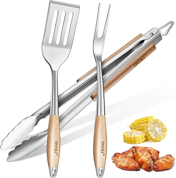 TIVOLI 3PCS Grilling Accessories, Heavy Duty BBQ Tool Set with Stainless Steel Spatula, Tongs, Fork, Wood Handles Barbecue Utensils Kit for Outdoor, Perfect Grill Gifts for Dad Men