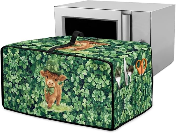 Highland Cow Four Leaf Clover Print Toaster Oven Cover Microwave Cover for Kitchen Countertop Appliance Dust Protector Decorative Oven Accessories for St. Patrick's Day Decor, Green, M