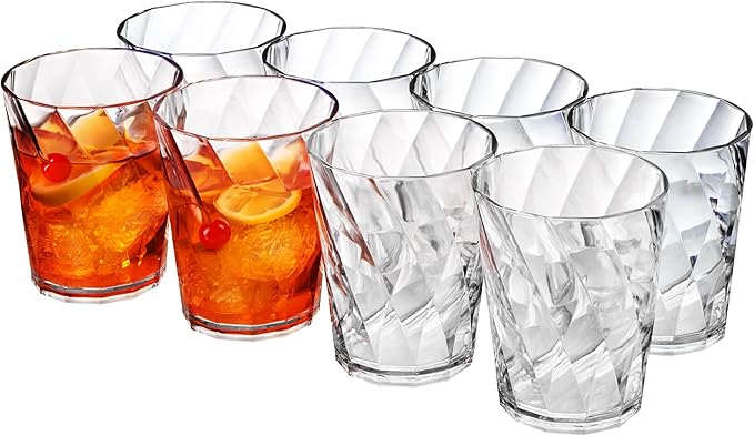 US Acrylic Optix Plastic Reusable Drinking Glasses (Set of 8) 14oz Rocks Cups in Clear | BPA-Free Tumblers, Made in USA | Top-Rack Dishwasher Safe