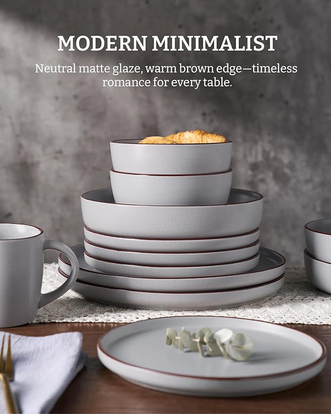 Famiware Mercury Plates and Bowls Sets, 12 Pieces Stoneware Dinnerware Sets, Dishes Set for 4, Microwave and Dishwasher Safe, Light Grey