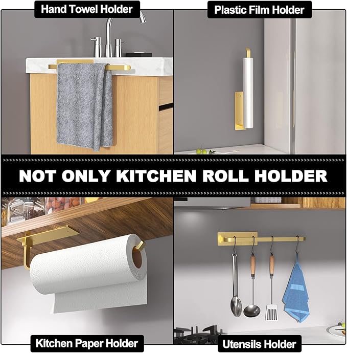 Paper Towel Holder - Self-Adhesive or Drilling, Gold, Upgraded Aluminum Kitchen Roll Dispenser Under Cabinet, Lighter but Stronger Than Stainless Steel!