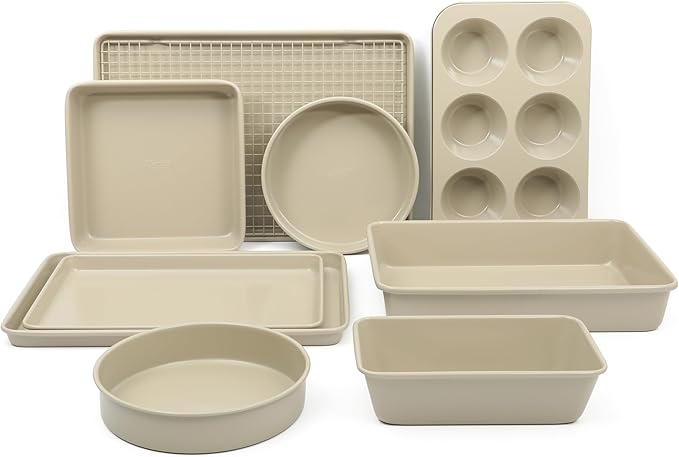 Martha Stewart Gallen 10 Piece Baking Pans Ceramic PFA Free Non Toxic Non Stick Bakeware Set - Taupe