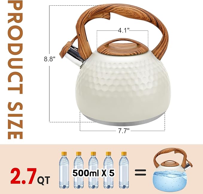 GGC Tea Kettle for Stove Top, Loud Whistling Kettle for Boiling Water Coffee or Milk, 3.1 Quart 3L Heavy Stainless Steel White Kettles with Wood Pattern Handle, Unique Button Control Kettle Outle
