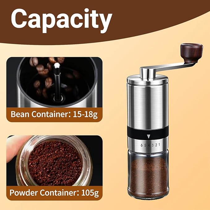 Ceramic Burr Manual Coffee Grinder with 6 Adjustable Coarseness Settings for Espresso Beans French Press Pour Over Drip Stainless Steel Hand Crank Coffee Mill for Home Use or Travel Camping