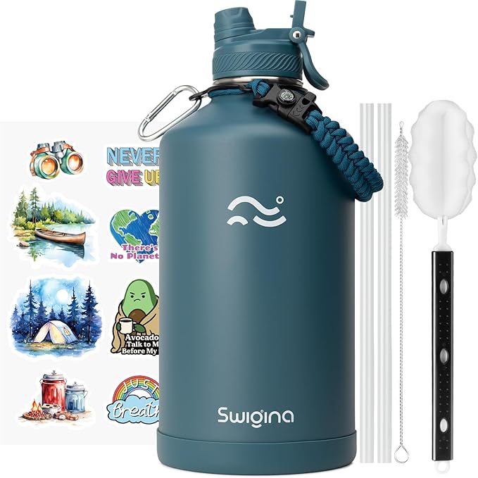 Swigina [2-IN-1 LID] Gallon Insulated Water Bottle with Silicone Boot (48hrs Cold/24hrs Hot) - DIY Stickers, Leakproof, BPA Free, 128 oz