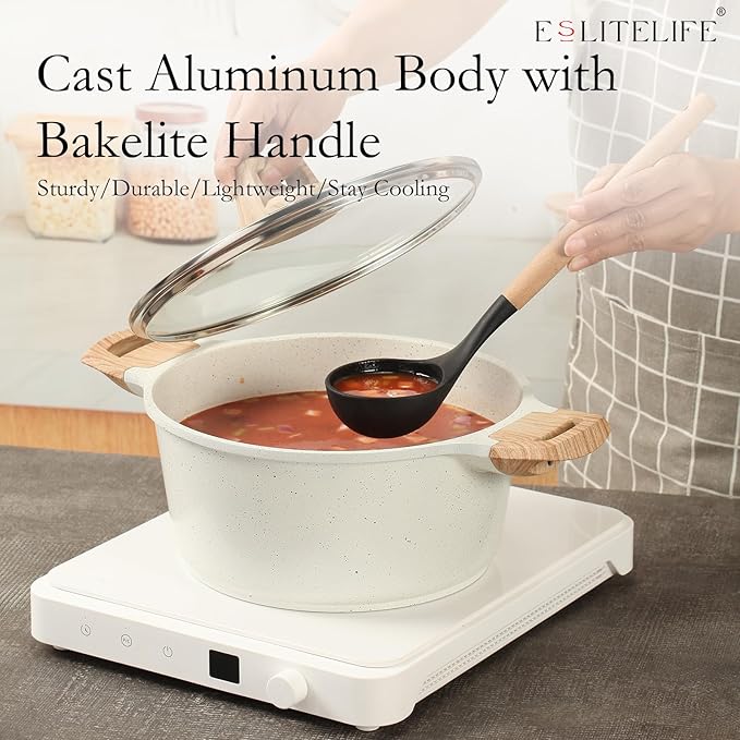 ESLITE LIFE Nonstick Stock Pot with Lid, 3 Quart Granite Casserole Small Soup Pot Pasta Cooking Pot, Induction Compatible, PTFE & PFOA Free, White