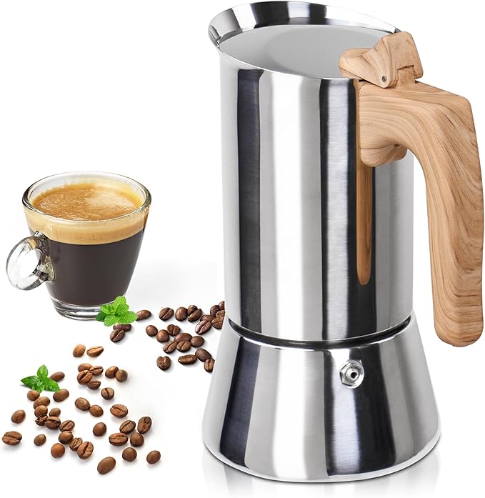 Uncoated 6 Cup Moka Pot 304 Thickened Stainless Steel Coffee Maker Stovetop Espresso Coffeemaker Italian Classic Style Brewing Greca Cafe Mocha Machine for Cafeteras Camping Travel Home 300ml 10oz