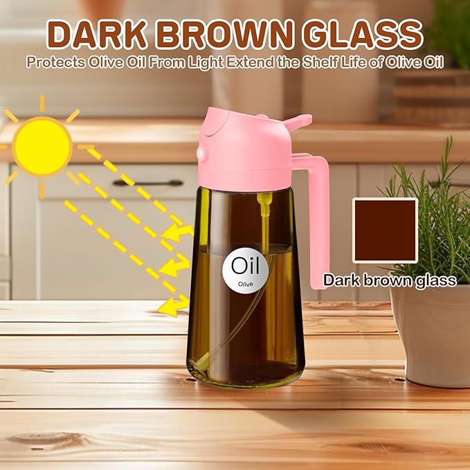 YARRAMATE 16oz/470ml Dark Brown Oil Sprayer for Cooking with Stickers, Food-grade Premium 2 in 1 Olive Oil Dispenser Bottle for Kitchen Gadgets, Air Fryer, Salad, Frying, BBQ (Pink)