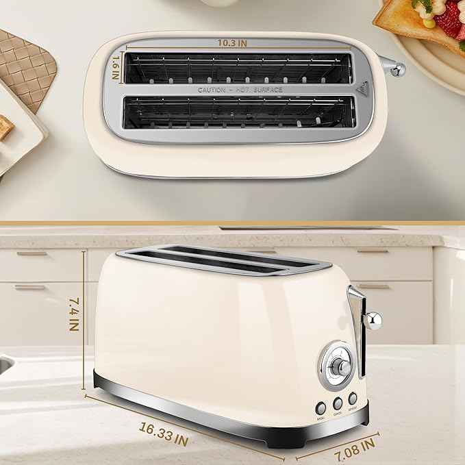SUSTEAS Toaster 4 Slice Wide Slot, Stainless Steel Bread Bagel Toasters, Retro Long Slot Tostadora for Defrost, Reheat, Removable Crumb Tray, 1500W, 6 Browning Settings, Beige