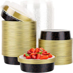 Beasea 100 Pack 4” Mini Pans with Lids, 8oz Disposable Aluminum Baking Foil Tins Round Small Dark Red Spot Container for Individual Cupcake Dessert Muffin Ramekin Cheesecake Quiche Oven Dishes