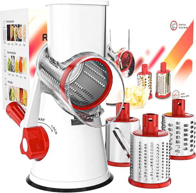 Cambom Rotary Cheese Grater Hand Crank Cheese Shredder for Fresh Cheese, Vegetable, Nuts,Non-slip Suction Base, Free Cleaning Brush Three Blades,Red White