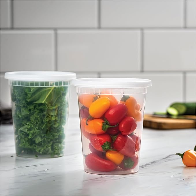 Soup Containers with Lids [48 Sets -32 oz.] Quart Plastic Deli Container - Deli Food Storage Containers with Airtight Lids for Freezer & Restaurant Takeout