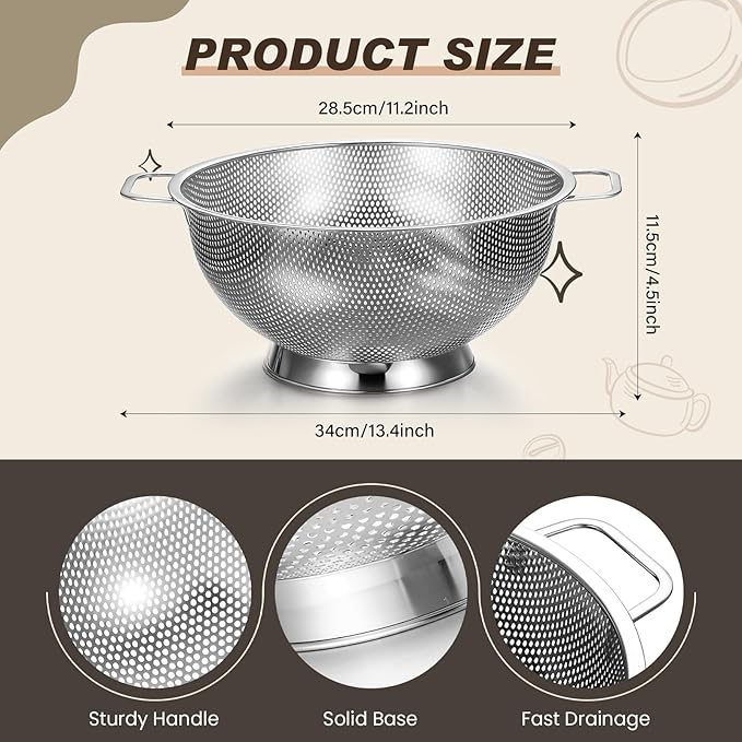 Norme 5 Quart Stainless Steel Silver Colander and 3 Pcs Silver Fine Mesh Strainer, Stainless Steel Pasta Rice Food Metal Strainer with Handles, Easy Clean and Dishwasher Safe