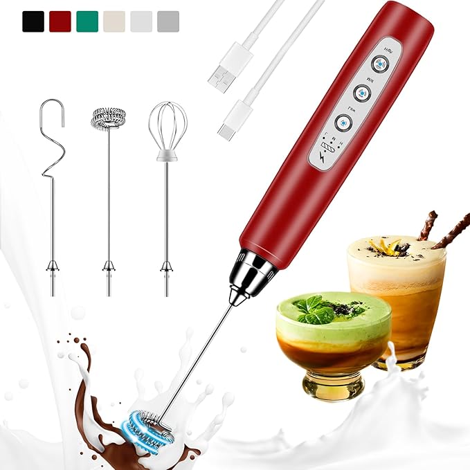 Colarlemo Milk Frother Handheld Rechargeable, Frother Wand Drink Mixer Electric Whisk for Coffee, Detachable With 3 Stainless Whisks, Hand Mixer for Lattes, Cappuccino, Matcha, Egg, No Stand, Red