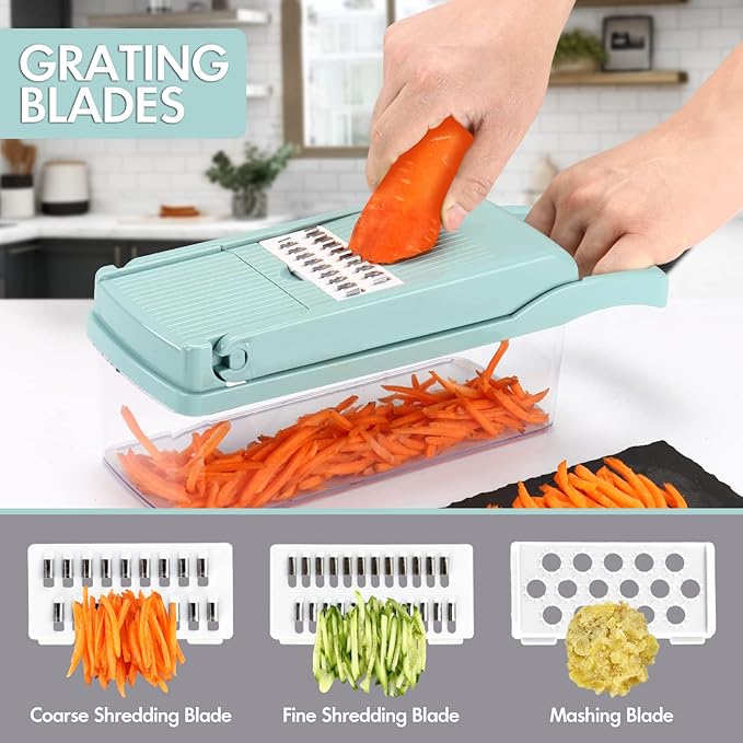 Ourokhome Vegetable Chopper Onion Cutter, 12 in 1 Professional Mandoline Slicer for Kitchen, Multifunctional Food Chopper for Potato, Tomato, Veggie with Strainer Basket, 8 Blades, Blue