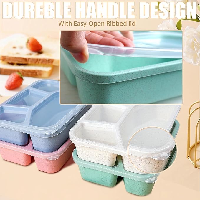 15 PCS Bento Box, 4 Compartment Bento Box Adult Set, Wheat Straw Bento Lunch Box, Reusable Lunch Snack Box, Microwave, Dishwasher and Freezer Safe Meal Prep Containers for Work, School and Travel