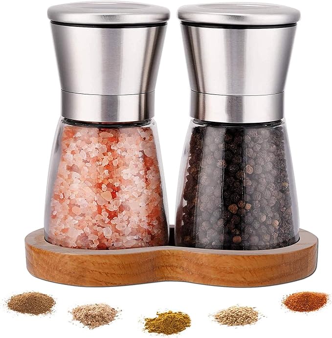 LessMo Salt and Pepper Grinder Set with Wooden Standing Tray, Refillable Pepper Mill Set - Brushed Stainless Steel - Short Glass Shakers with Adjustable Coarseness for Peppercorn, Salt or Spice Mills