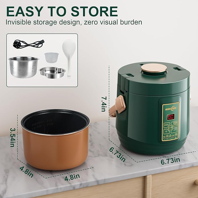 Audecook Mini Rice Cooker, 1.2L Small Rice Cooker Non-Stick 2 Cups Uncooked with Stainless Steel Steamer, Travel Multicooker with Low Carb Function, 24 Timer Delay and Auto Keep Warm（Green）