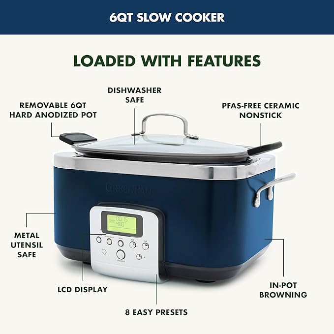 GreenPan Elite 8-in-1 Programmable 6QT Electric Slow Cooker,Dishwasher Safe Lid & Removable Crock, PFAS-Free Healthy Ceramic Nonstick Multi-Cooker,Sear, Sauté,Brown,Steam Basket,Roast, Oxford Blue
