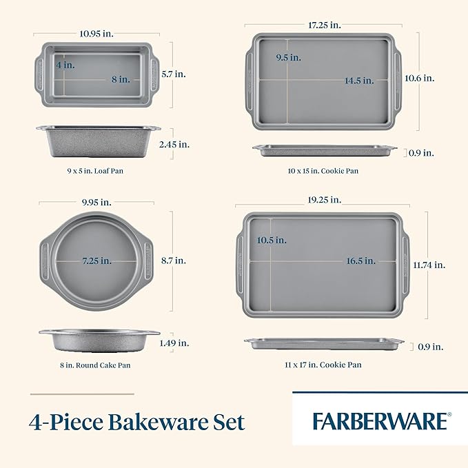 Farberware Steel Nonstick Baking, Includes Cookie, Loaf/Meatloaf, Cake Pan, 4 Piece Non Stick Bakeware Set, Gray