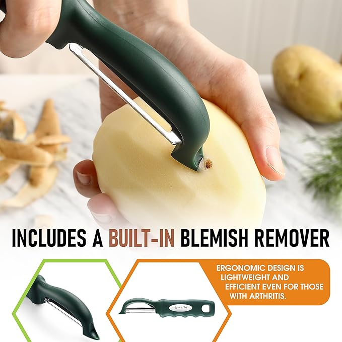 Spring Chef Premium Swivel Vegetable Peelers for Kitchen, Stainless Steel Apple Peelers with Soft Grip Handle and Sharp Blades, Perfect for Potato, Carrot, Mango, Cucumber - Set of 2 - Pine Green