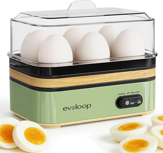 Evoloop Rapid Egg Cooker Electric 6 Eggs Capacity, Soft, Medium, Hard Boiled, Poacher, Omelet Maker Egg Poacher With Auto Shut-Off, BPA Free (Green)