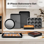 12-Piece Nonstick Bakeware Set, Stackable Non Toxic Baking Pans Set with Rack & Kitchen Utensils, Cookie Sheets Set, Cake Pan, Muffin Pan, Loaf Pan, Roasting Pan, Black