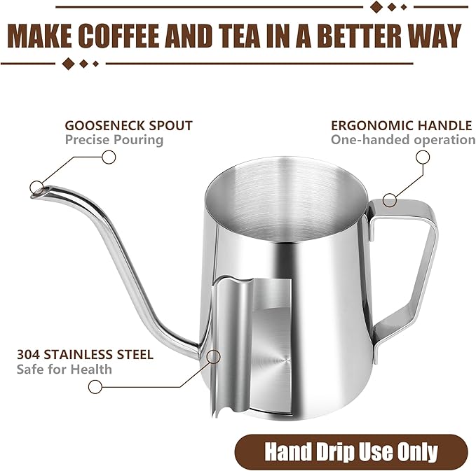 Stainless Steel Gooseneck Spout Kettle for Hand Drip Coffee One Serving Pour Over Kettle for Filter Coffee Long and Narrow Drip Cup for Outdoor Camping (Silver / 350ML / 1Pack)