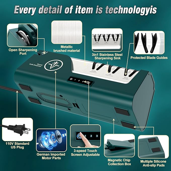 Professional Electric Knife Sharpener with 100% Diamond Abrasives & Precision Angle Guides, 3-Speed Variable 4-Stage Open Touch-Screen Knife Sharpener for Straight, Serrated Edges, Scissors & Axes